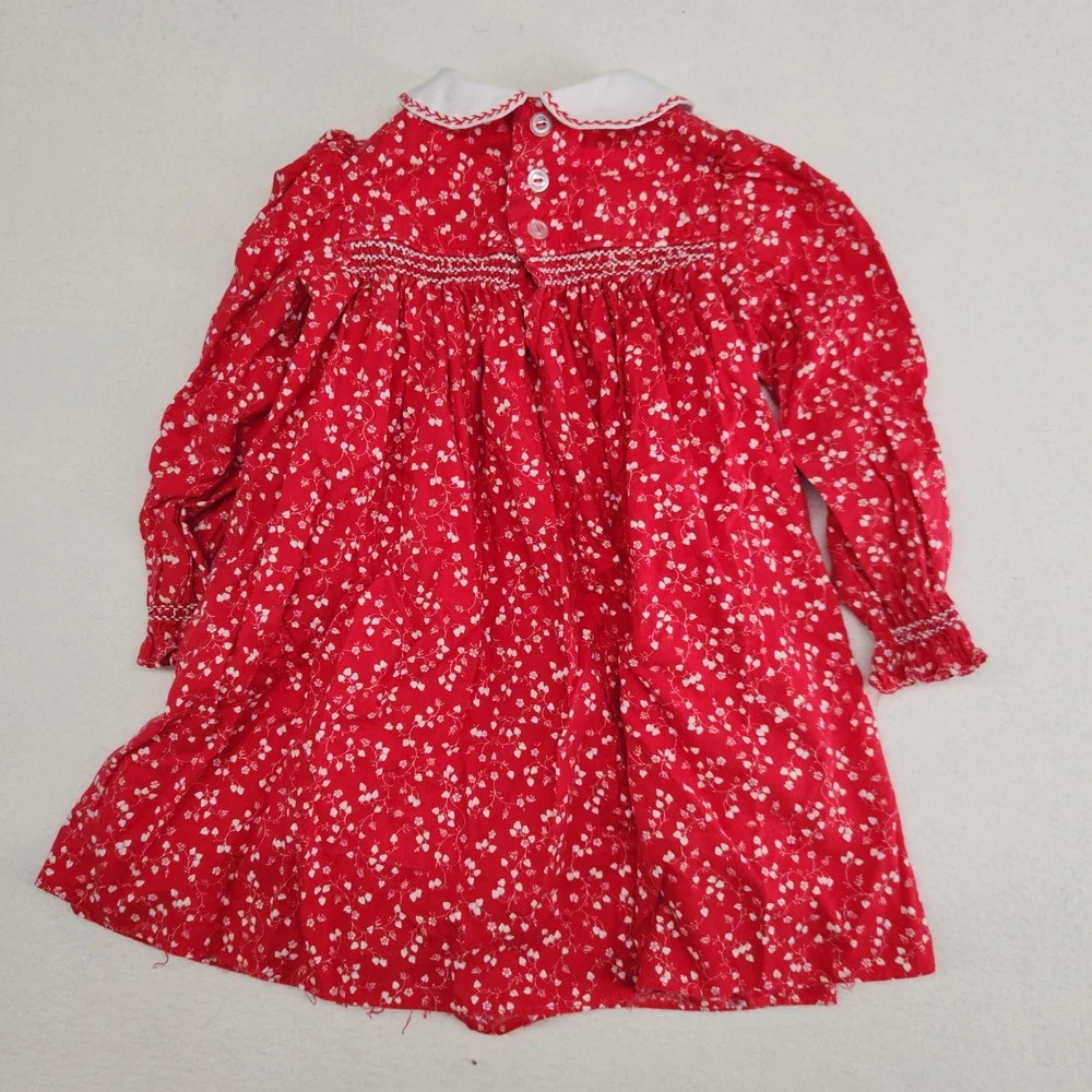 Vintage Handmade Red White Floral Smocked Dress Peter Pan Collar Toddler
